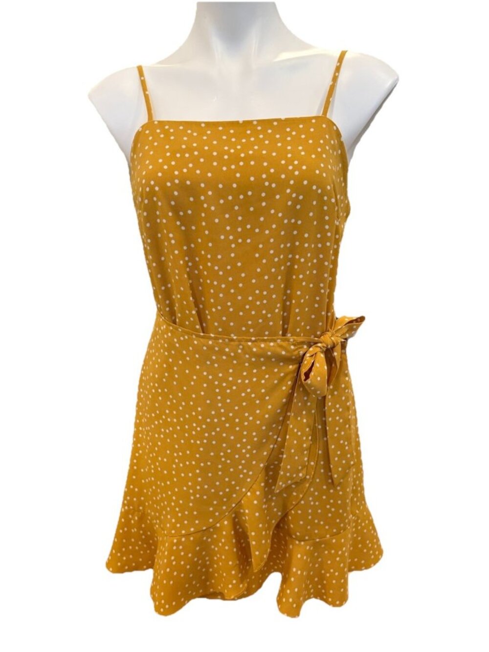 Altar’d State Dress Medium Summer Sundress Faux Wrap Gold White Polka Dot 3E
